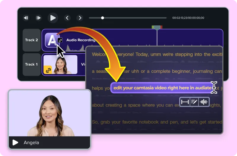 Camtasia interface showing a linked audio recording clip connected to an Audiate project. After selecting the clip in Camtasia, Audiate opens to allow text-based editing of video and audio in sync. Highlighted text reads “edit your camtasia video right here in audiate,” illustrating how both applications work together seamlessly.