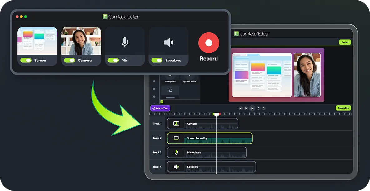 Camtasia Editor breaks one recording into four editable tracks: facecam, screen, microphone, and system audio.